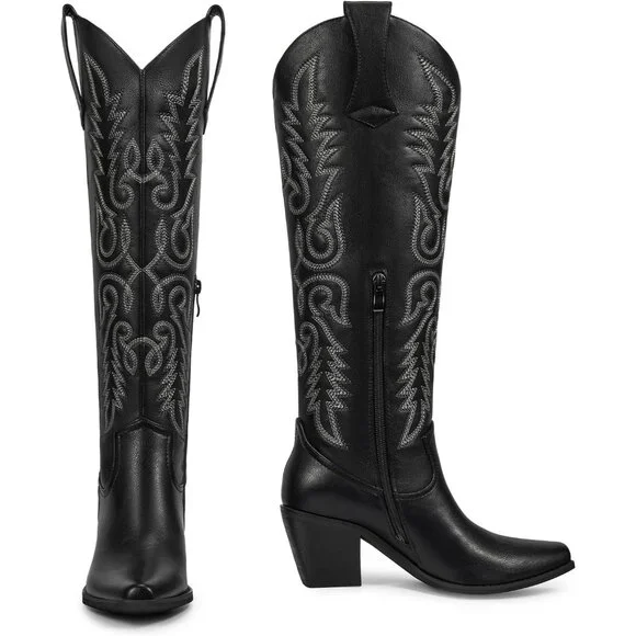 Women's Matte Black Faux Leather Pointed Toe Fashion Cowboy Boots Side Zipper - Picture 5 of 6